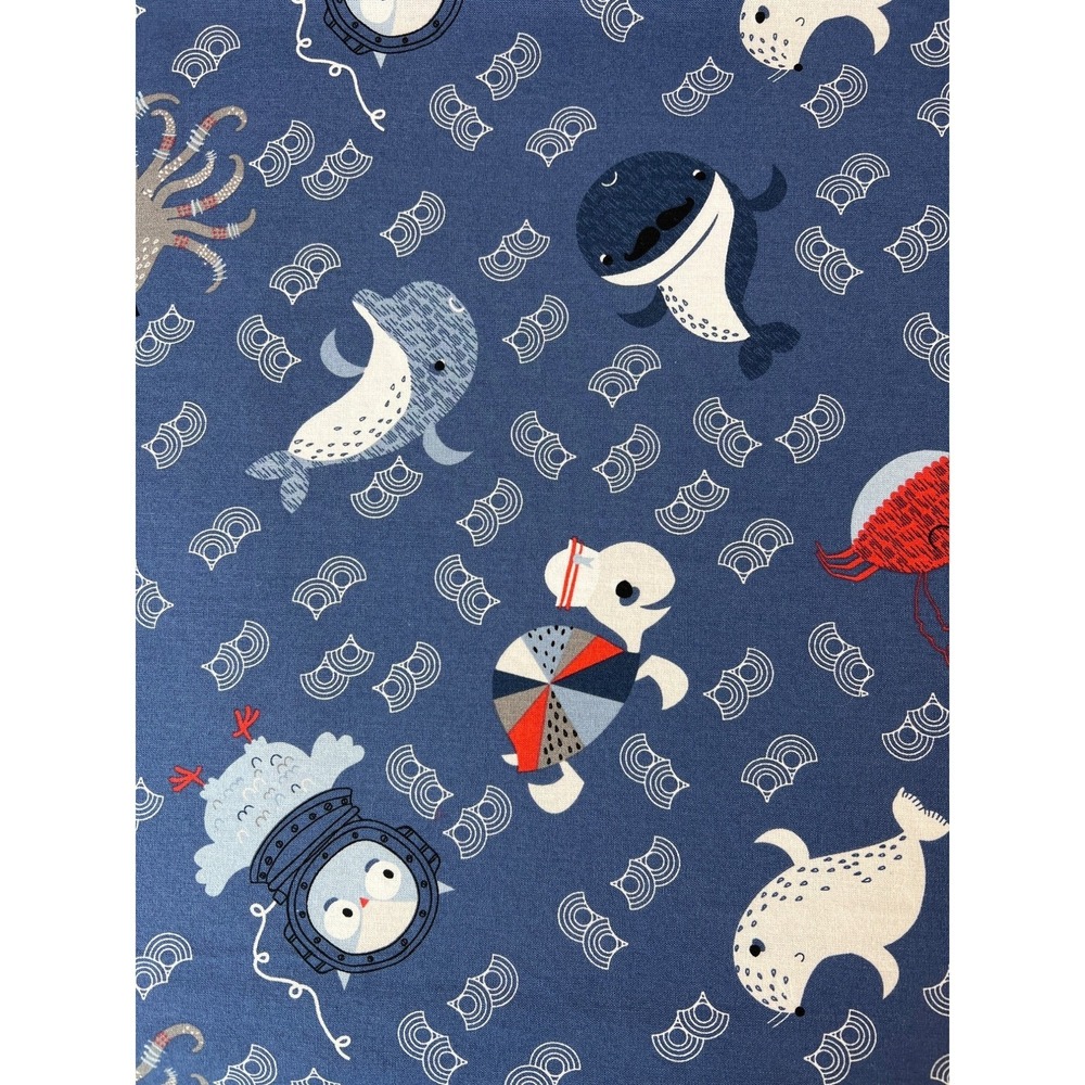 Fabric -Seaworld Toss Turtle Octopus Whale with Mustache Washed Cotton 38"x42" W